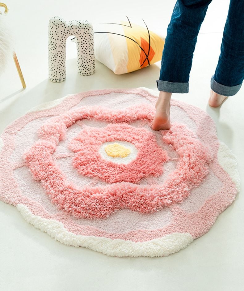 Thảm Lau Chân Hình Tròn Hoa Hồng Dệt Nổi Sáng Tạo