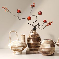 Bình Hoa Gốm Thô Phong Cách Wabi Sabi Nâu Sọc Trắng