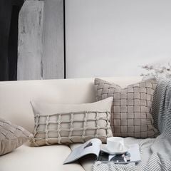 Vỏ Gối Tựa Lưng Sofa Vuông Dệt Thủ Công Cao Cấp Tua Rua Tông Nâu Nhạt