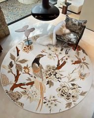 Thảm Tròn Trải Sàn Hình Họa Tiết Chim Và Hoa Nâu Phong Cách Vintage