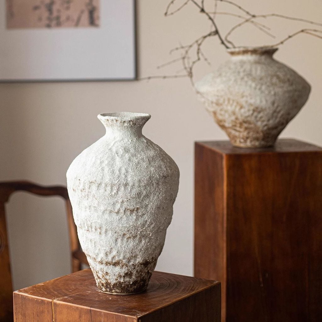 Bình Hoa Gốm Sứ Thủ Công Phong Cách Jingdezhen Wabi Sabi Trắng Xám