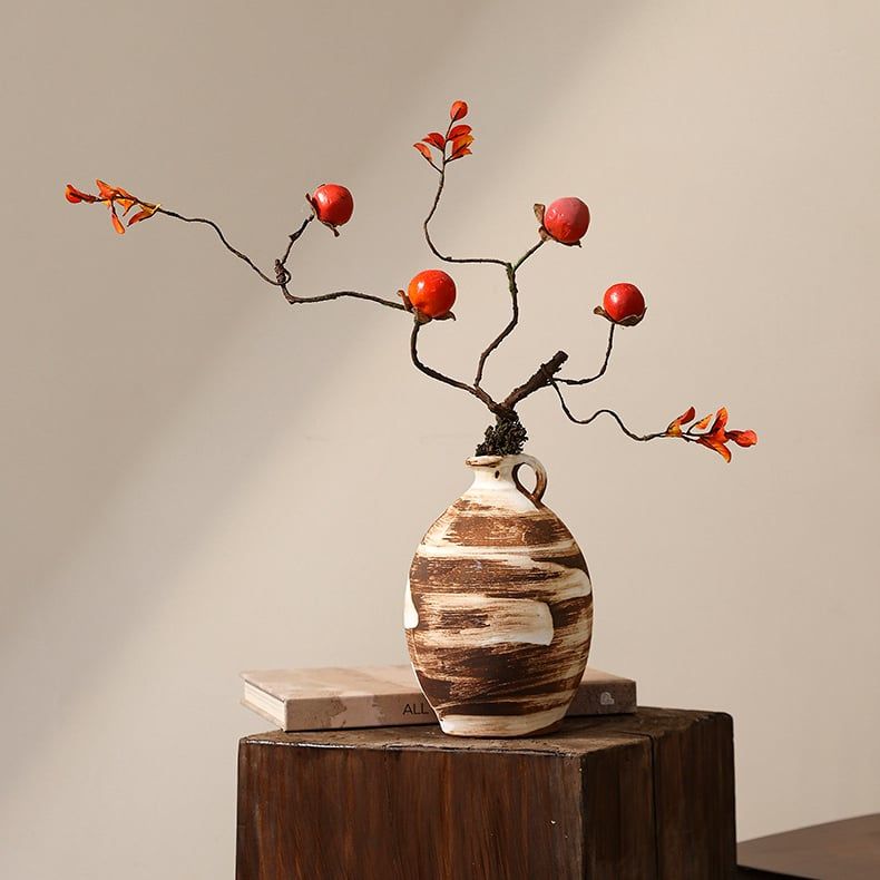 Bình Hoa Gốm Thô Phong Cách Wabi Sabi Nâu Sọc Trắng