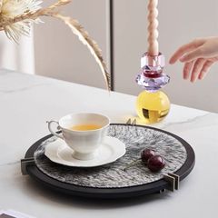 Khay Gỗ Tròn Óc Chó Lót Lông Ngựa Sang Trọng