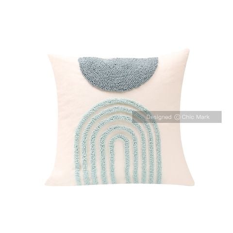 Vỏ Gối Tựa Lưng Canvas Thêu Nổi Hình Học Xanh Ngọc