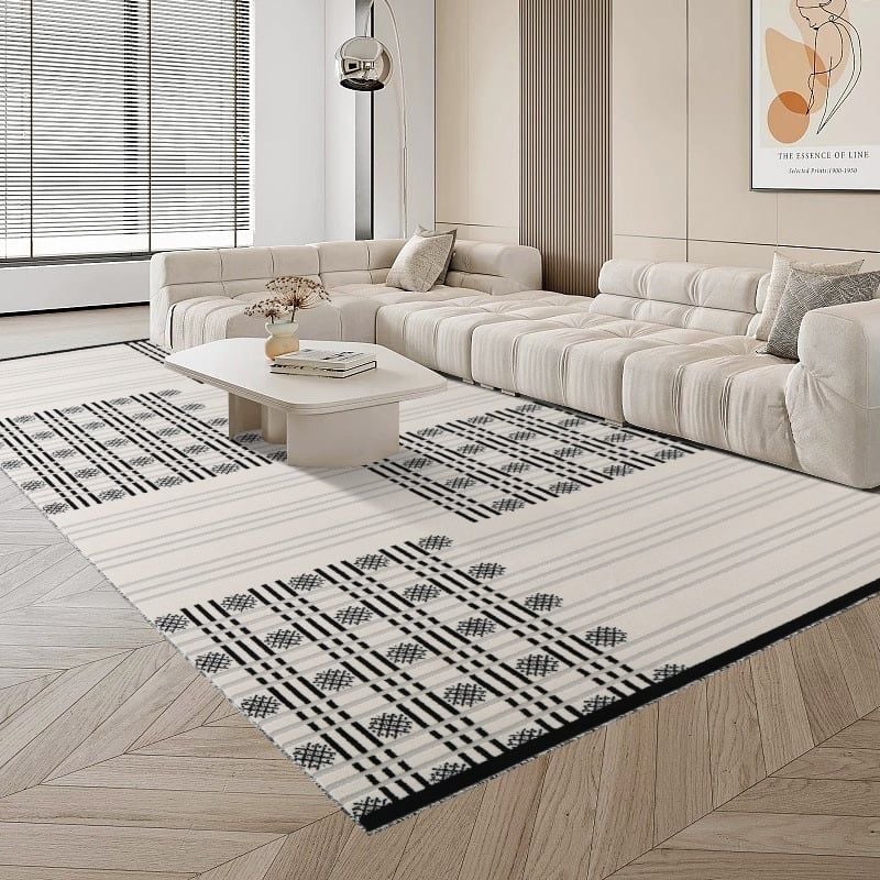 Thảm Lông Sợi Ngắn Dệt Màu Dập Sợi Viền Họa Tiết Ô Chữ Nhật