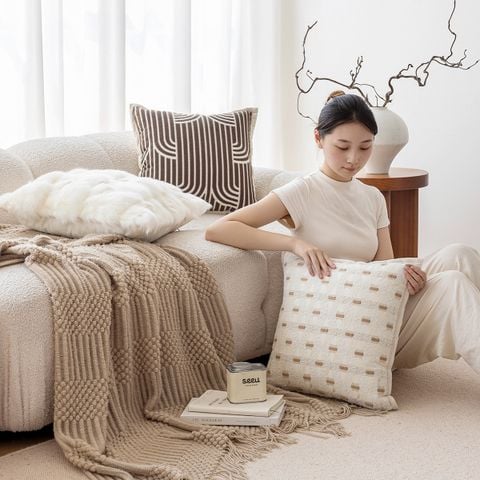 Vỏ Gối Tựa Lưng Nâu Be Hình Học Sang Trọng