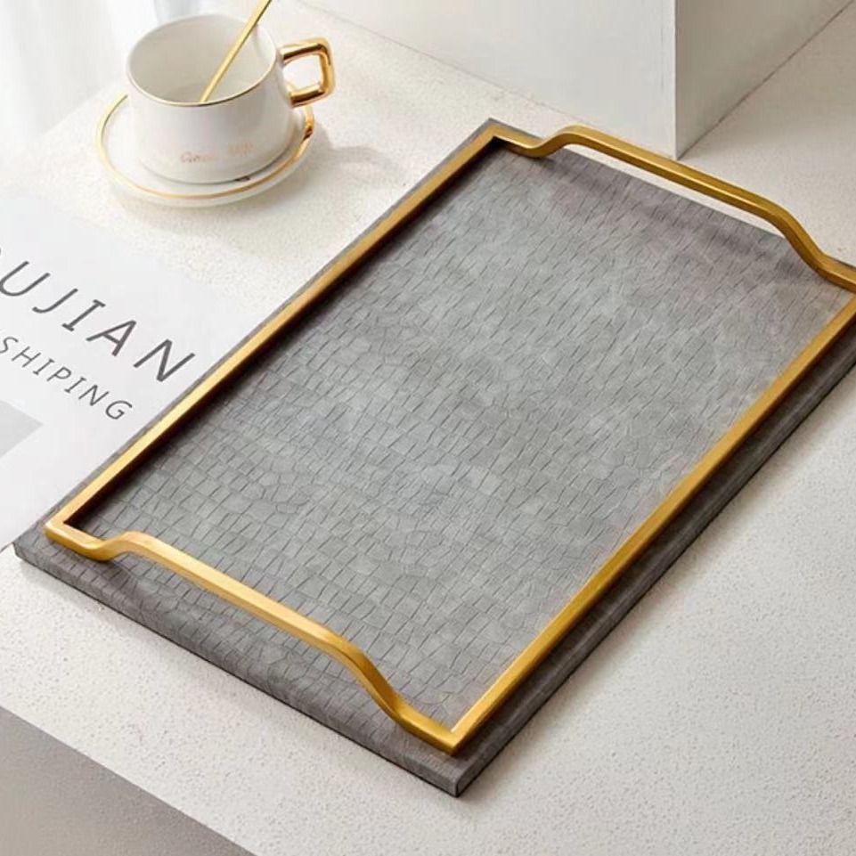 Khay Decor Bện Da Chữ Nhật Phối Khung Kim Loại Sang Trọng