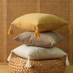 Vỏ Gối Tựa Lưng Sợi Lanh Cotton Tua Rua Nhật Bản Dệt Ánh Kim Trơn Màu