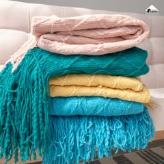 Chăn Thun Đan Len Phủ Ghế Sofa Trang Trí Giường Dệt Hình Thoi - Xanh ngọc