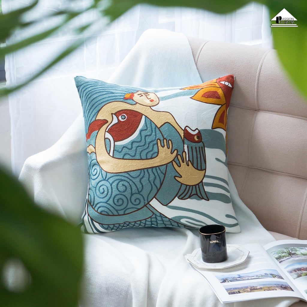 Vỏ Gối Sofa Tựa Lưng Trang Trí Linen Thêu Len Cô Gái