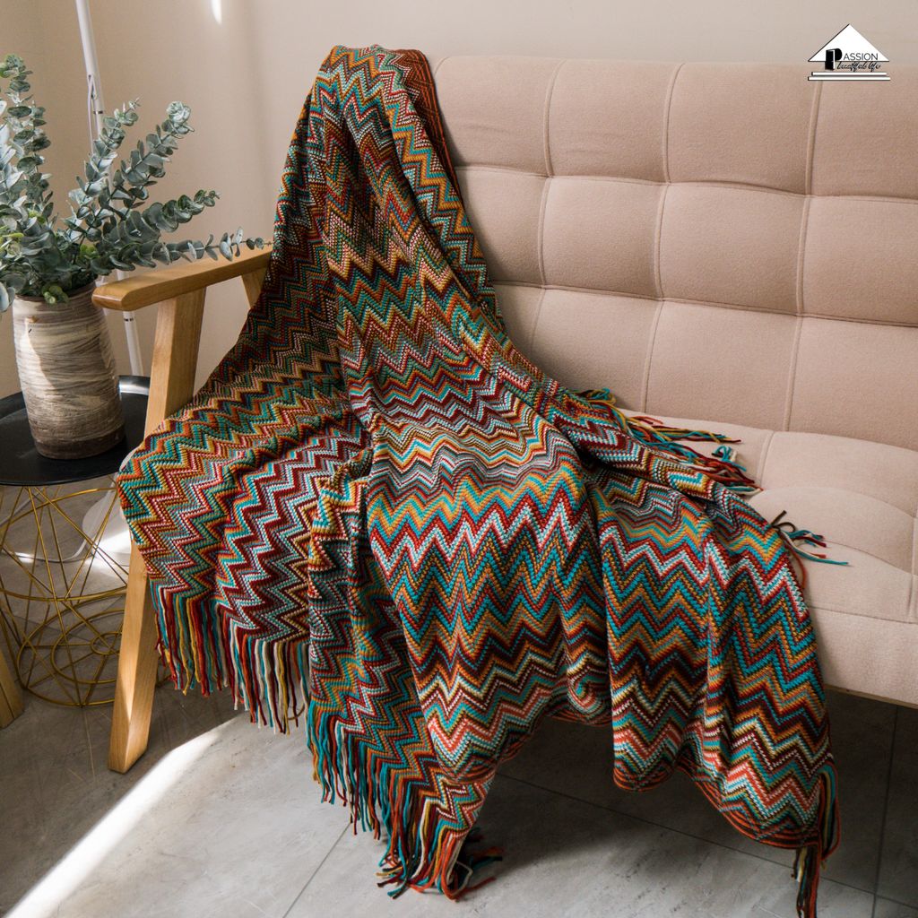 Chăn Thun Dệt Len Phong Cách Bohemian Ziczac Trải Giường Trải Sofa