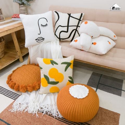 Gối Tựa Lưng Sofa Len Cừu Họa Tiết Bắc Âu Trắng Cam Hiện Đại