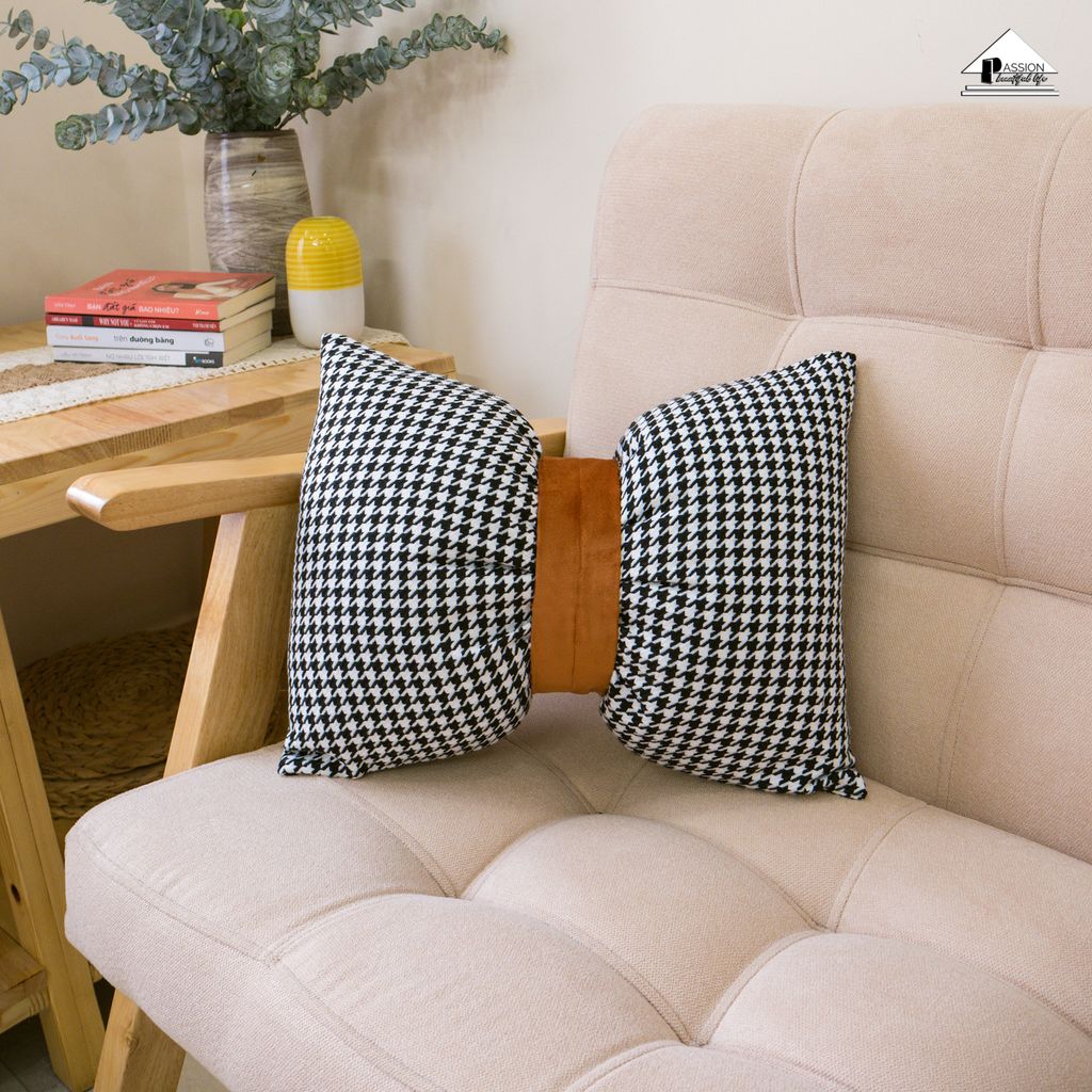 Vỏ Gối Tựa Lưng Sofa Houndstooth Cao Cấp Phong Cách Retro Đen Cam