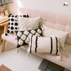 Vỏ Gối Tựa Lưng Sofa Morocco Bohemian Nordic Trắng Đen Dệt Nổi
