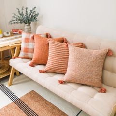 Gối Tựa Lưng Vải Lanh Tua Rua Họa Tiết Caro Màu Nâu Retro Nhẹ Nhàng