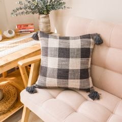 Gối Tựa Lưng Vải Lanh Tua Rua Họa Tiết Caro Màu Nâu Retro Nhẹ Nhàng