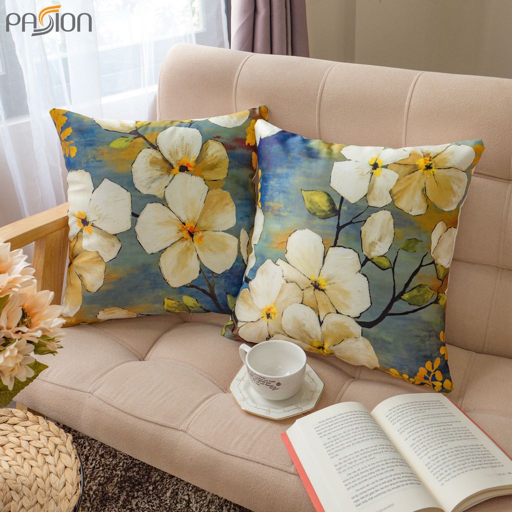 Vỏ Gối Tựa Lưng Sofa Tranh Vẽ Hoa Sơn Dầu Vải Lụa