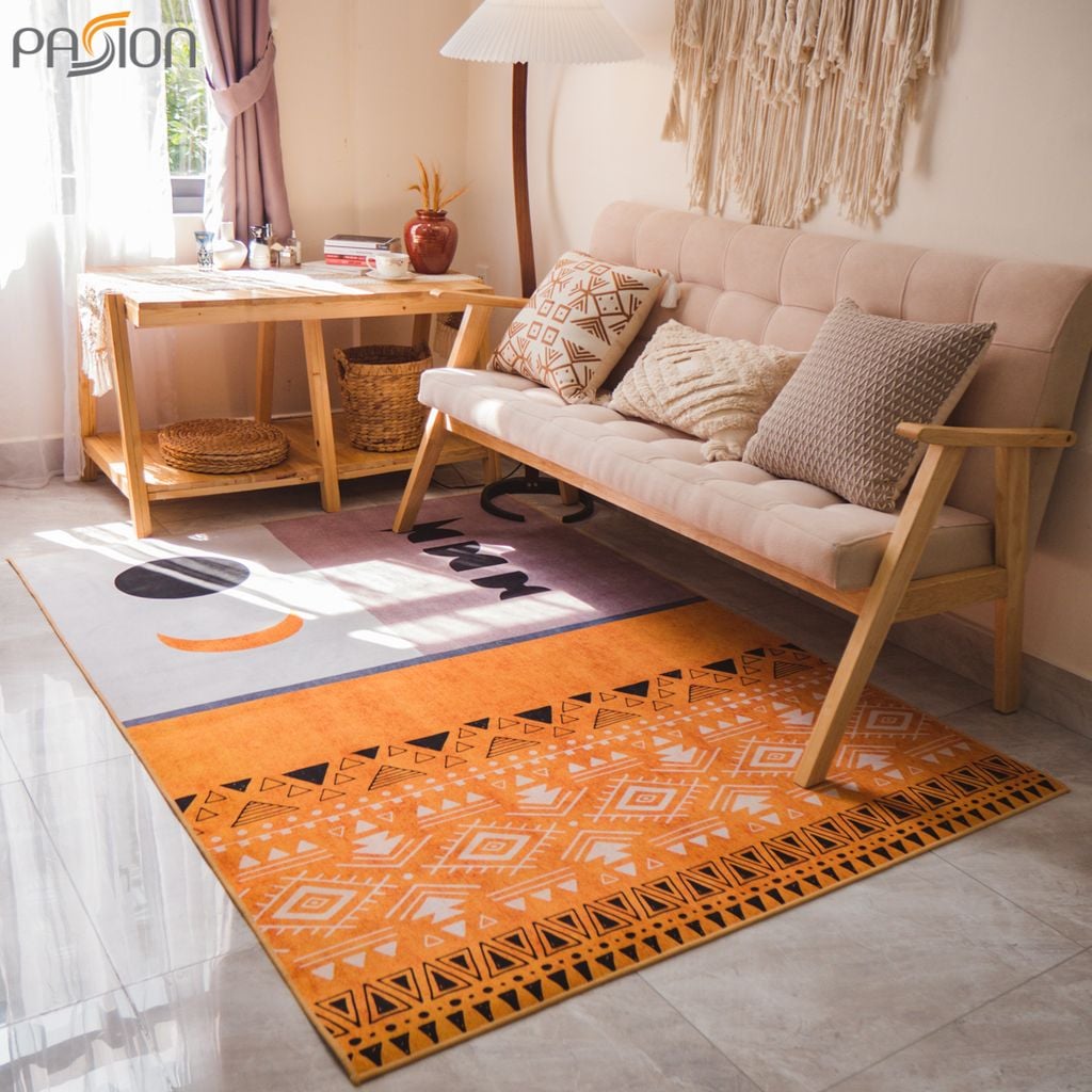 Thảm Nhung Nỉ Trải Sàn Họa Tiết Bắc Âu Retro Hình Học nâu - Nhật Nguyệt