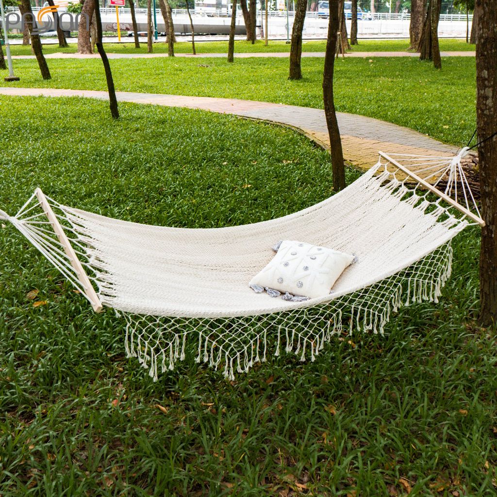 Võng Lưới Thanh Gỗ Tua Rua Boho Trang Trí Ngoài Trời Trang Trí Ngoài Biển 200x100cm