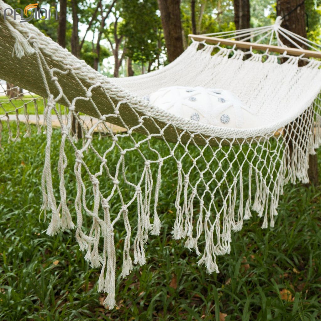 Võng Lưới Thanh Gỗ Tua Rua Boho Trang Trí Ngoài Trời Trang Trí Ngoài Biển 200x100cm