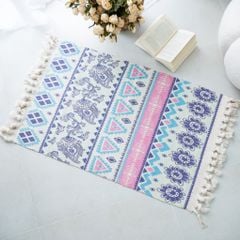 Thảm Trải Sàn Tua Rua Canvas Trang Trí Nordic - Hoa Văn Hồng