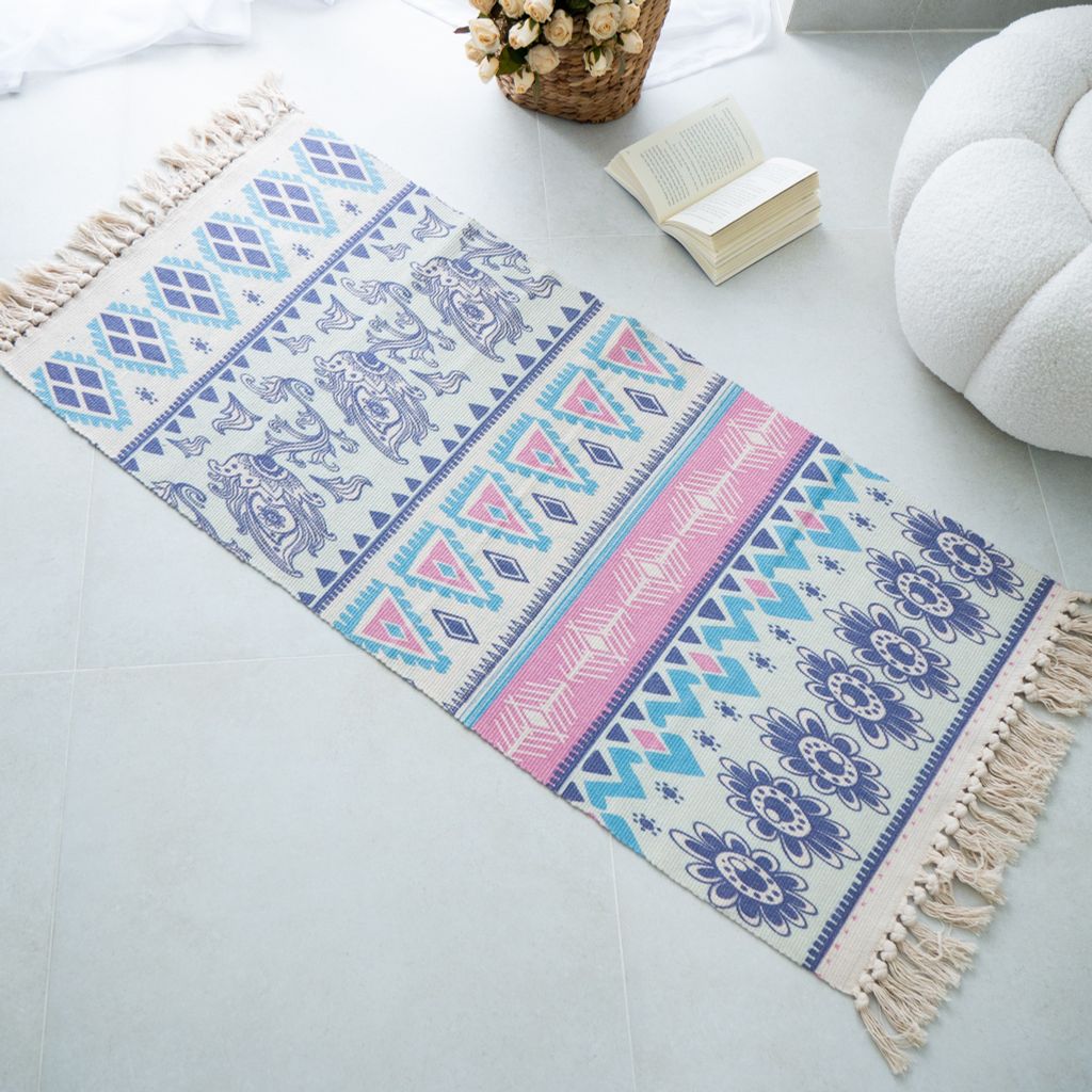 Thảm Trải Sàn Tua Rua Canvas Trang Trí Nordic - Hoa Văn Hồng