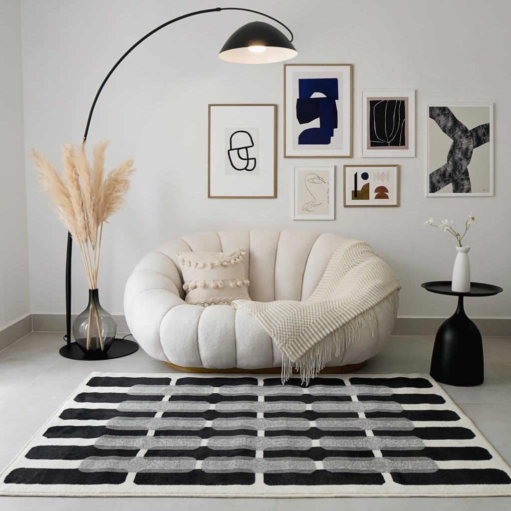 Thảm Lông Sợi Ngắn Alice Họa Tiết Hình Học Đen Trắng Chữ Nhật