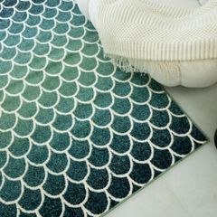 Thảm Lông Sợi Ngắn Thổ Nhĩ Kỳ Họa Tiết Sóng Lưới Xanh