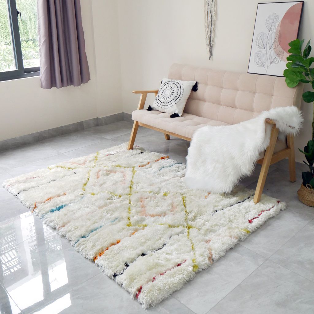 Thảm Lông Ngắn Cừu Dệt Sợi Xịn Mịn Họa Tiết Hình Học Màu