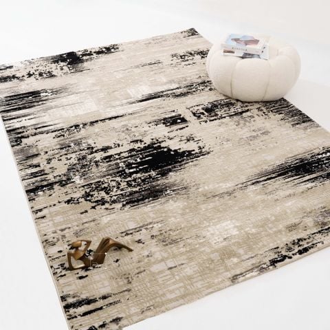 Thảm Lông Sợi Ngắn Dệt Màu Dập Sợi Viền Loang Xám Đen