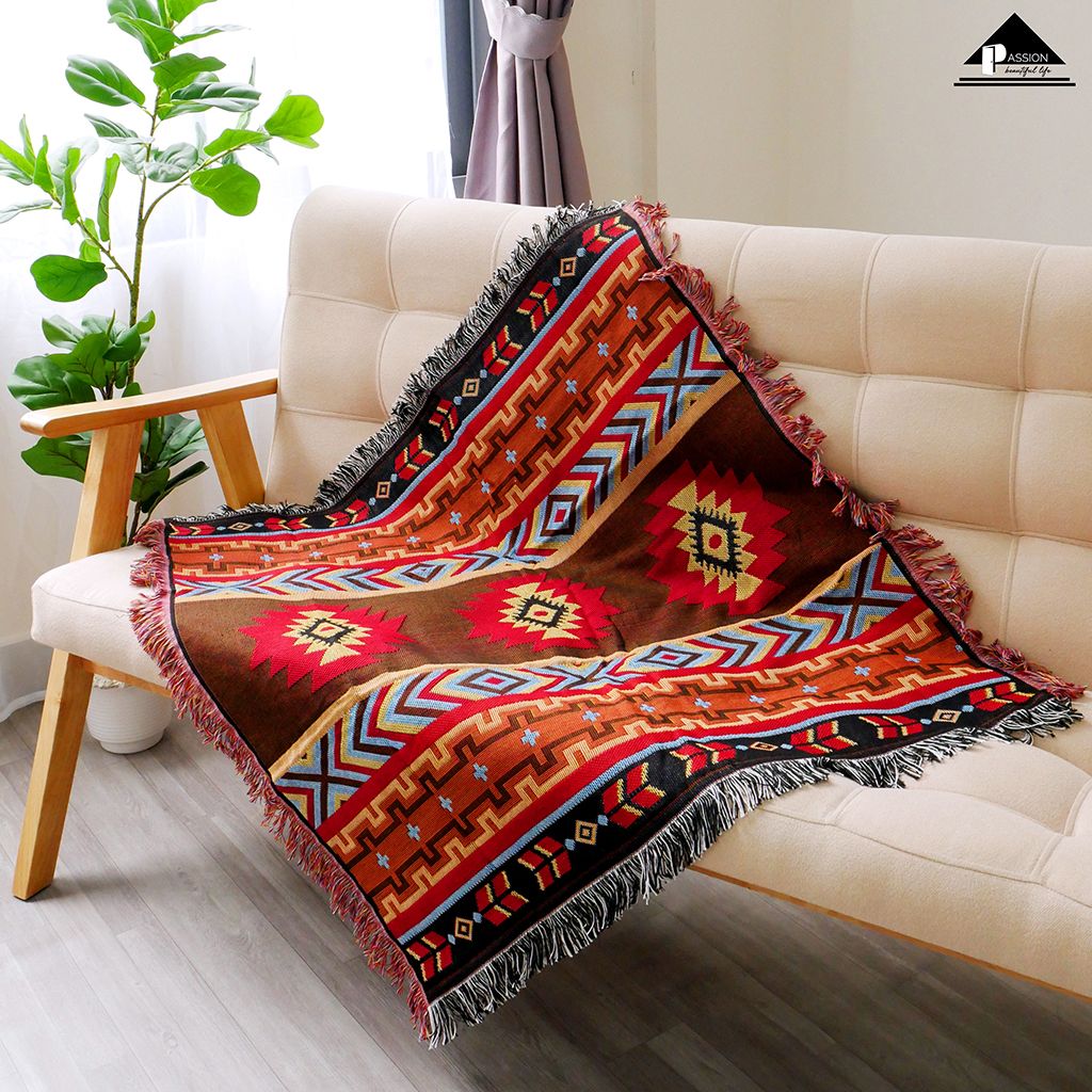 Thảm Phủ Sofa Họa Tiết Cổ Điển Nâu Bắc Âu Kilim