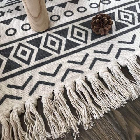 Thảm Trải Sàn Tua Rua Canvas Trang Trí Nordic - Hoa Văn Hồng