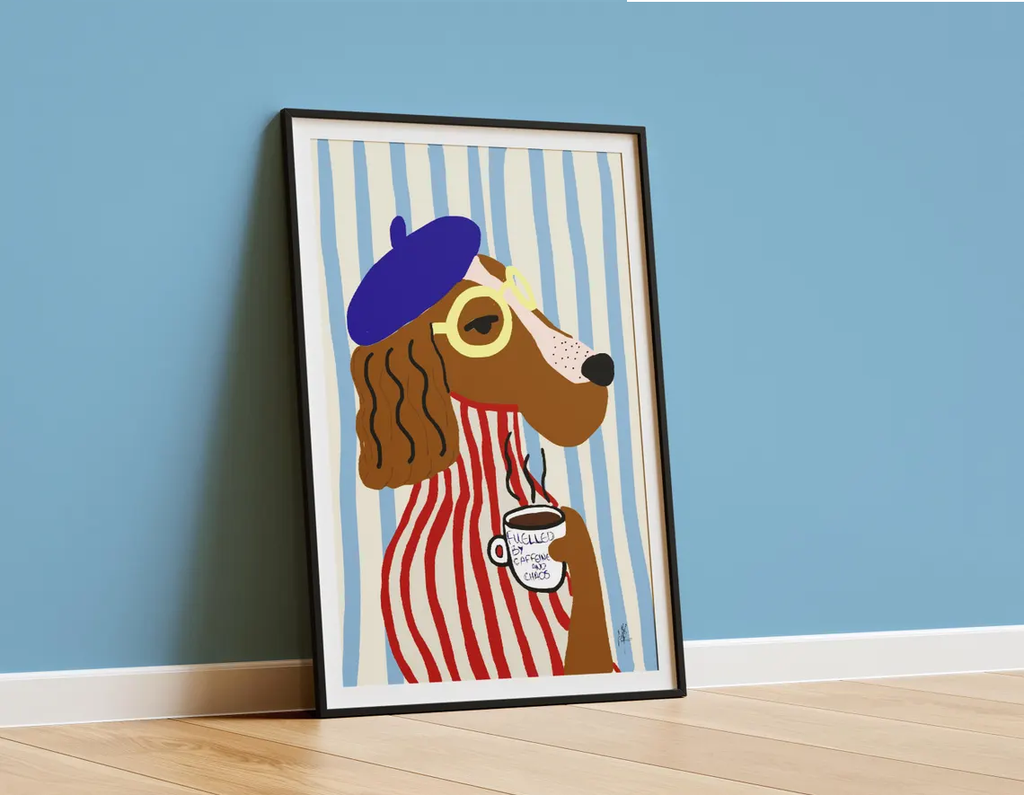 Tranh Treo Tường Funny Cún Cầm Cốc Cafe