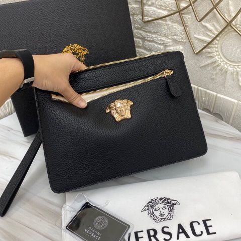 Clutch VERSACE* nam nữ SIÊU CẤP da bò mềm vân đẹp sz 28cm khoá logo vàng đẹp sang