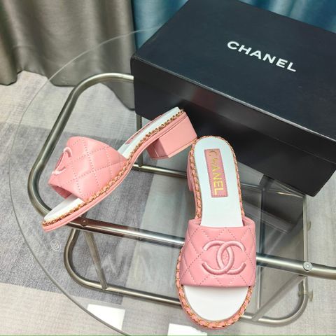 Dép nữ CHNEL* gót vuông cao 5cm da cừu viền xích vàng VIP 1:1