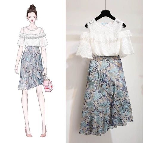 Đầm Họa Tiết 2 Dây Rớt Vai