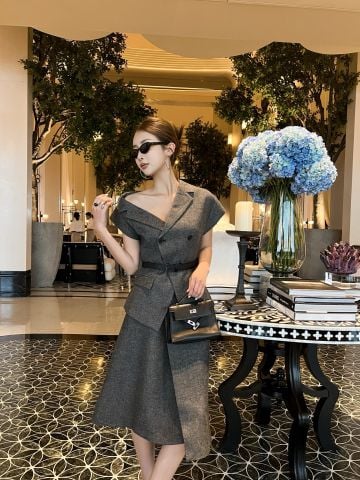 Bộ áo váy Di*or* cổ lệch đai eo đẹp sang VIP 1:1
