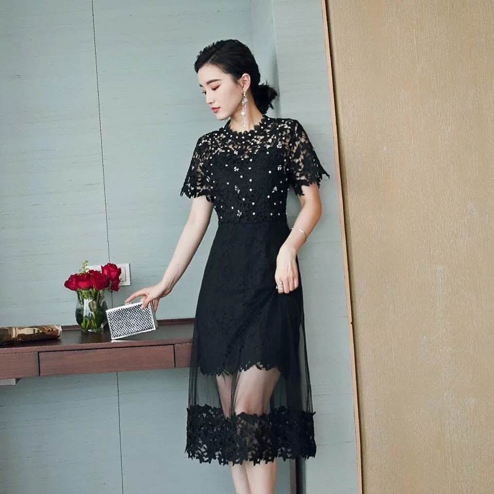21SIX  V00693  Váy ren pha lưới corset xếp nhún trễ vai