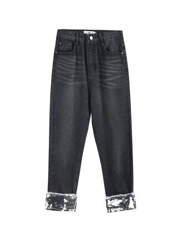 Quần jeans nữ dáng rộng gấu pha kim sa bạc cực đẹp độc
