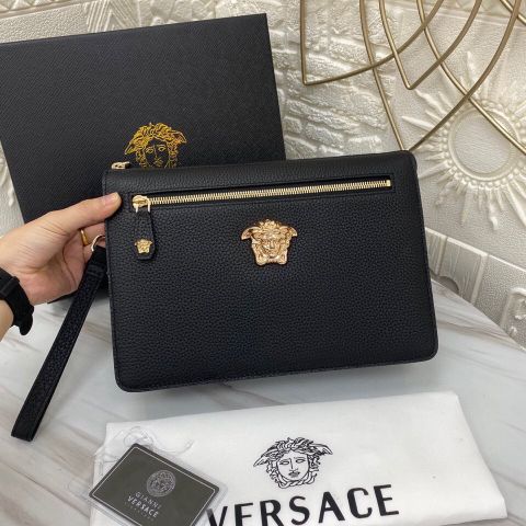 Clutch VERSACE* nam nữ SIÊU CẤP da bò mềm vân đẹp sz 28cm khoá logo vàng đẹp sang