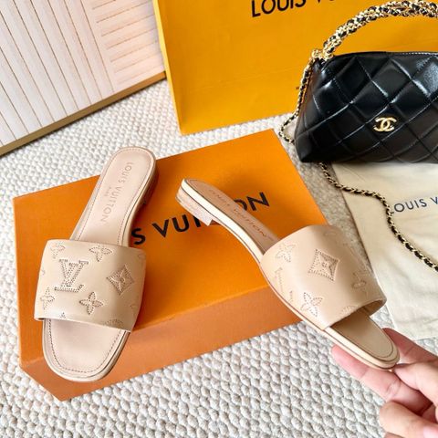 Dép nữ L*V đế phẳng da bò dập nổi hoạ tiết Monogram VIP 1:1