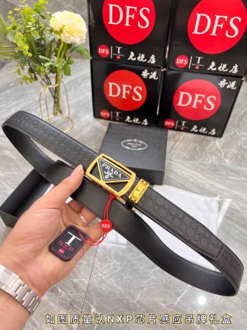 Belt nam PRADA* bản 3,5cm khoá bấm dây da bò dập hoạ tiết đẹp