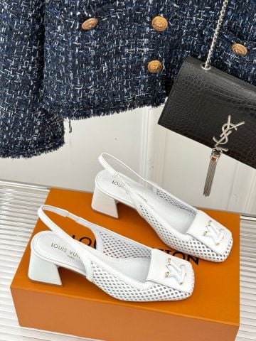Giày nữ sandal L*V khoét lỗ gót vuông 6cm