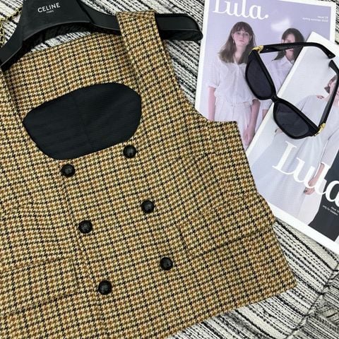 Set yếm nữ ce*line* kẻ Houndstooth & sơ mi phối nơ đen