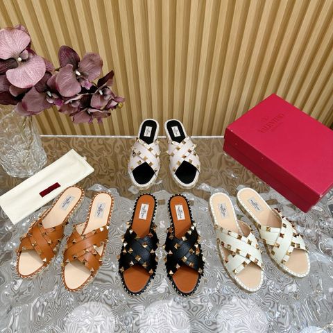 Dép nữ VALENTINO* đế viền cói cao 3cm quai da bò tán Đinh mẫu mới đẹp VIP 1:1