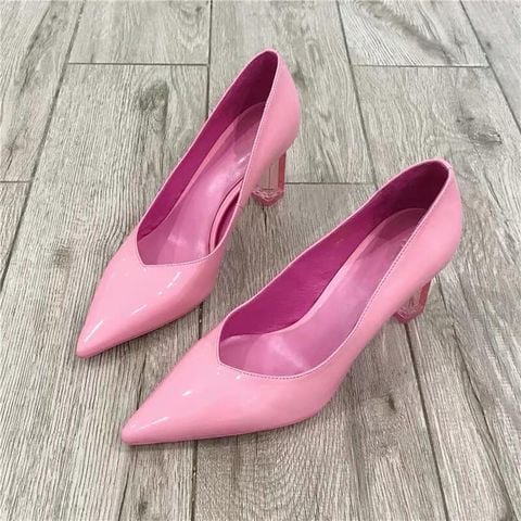 Giày cao gót da bóng cao 7cm gót trong màu hồng đẹp