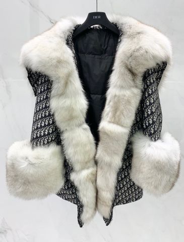Áo khoác nữ Dior* hoạ tiết oblique phối lông thú nhập khẩu đẹp sang chảnh VIP 1:1