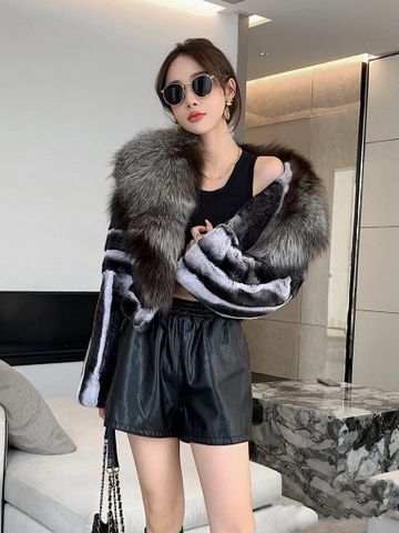 Áo khoác lông thú YSL* dáng lửng Vân ngang xám đen đẹp sang VIP 1:1