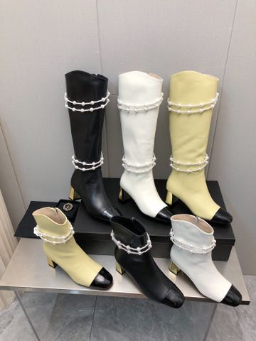 Boot chanel* cổ cao gần gối đai dây ngọc gót vuông 6,5cm