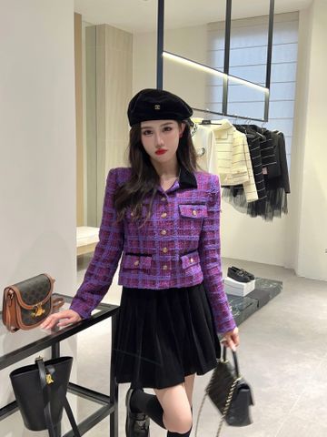 Áo khoác dạ Tweed chanel* kẻ tím màu siêu đẹp sang hàng cao cấp